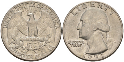 США 25 центов (квотер) 1971 D, Вашингтон KM 164a медь плакированная медно-никелем 4114-755