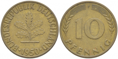 ФРГ 10 ПФЕННИГОВ 1950 F KM 108, J.383 сталь плакированная латунью 4539-915
