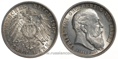 Баден 2 марки 1907 G, на смерть Фридриха I (1856-1907), Weege 36, J. 36, KM 278 серебро UNC 00-00-00