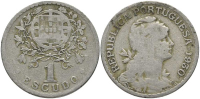 ПОРТУГАЛИЯ 1 ЭСКУДО 1930 ГОЛОВА СВОБОДЫ ВПРАВО КМ 578 медно-никель 202-345