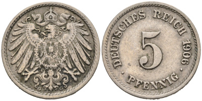 ГЕРМАНИЯ 5 ПФЕННИГОВ 1906 G, KM 11, J. 12 медно-никель 75-925