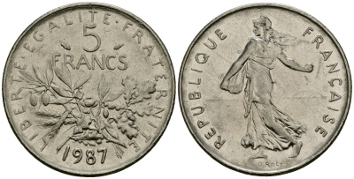 Франция 5 франков 1987 сеятель KM 926a.1, Le Franc 341.3 медно-никель плакированный никелем 4120-1241