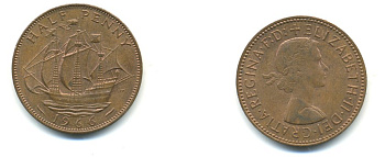 Великобритания 1/2 пенни 1966 Елизавета II (1952-2022) KM 896, Spink 4158 бронза 59-1324