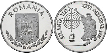 Румыния 100 леев 1996 XXVI Олимпийские игры 1996 года в Атланте, 100 лет Олимпийскому движению, стрельба, пробный выпуск, пифорт  алюминий  PROOF  1525-1321