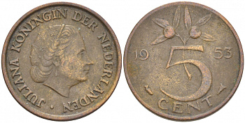 Нидерланды 5 центов 1953 Юлиана (1948-1980) KM 181 бронза 3718-158