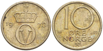 НОРВЕГИЯ 10 ЭРЕ 1978 УЛАФ V (1957-1991) KM 416 медно-никель 211-1214