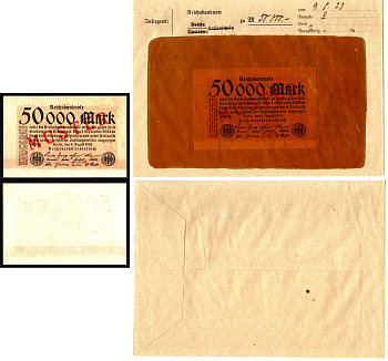 Германия 50000 марок 1923 9 августа, MUSTER, образец, Specimen. В оригинальном банковском конверте. Из коллекции Отто Сейфферта (помощник Ялмара Шахта - министра экономики Германии и президента Рейхсбанка времен третьего рейха) Pick 99 s, Grabowski DEU 11