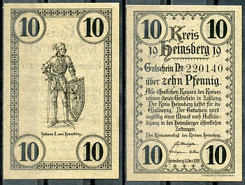 Германия, Хайнсберг 10 пфеннигов 1919 нотгельд, 5.12.1919 Tieste 2900/02 бумага UNC (пресс) 8614-41-3-2