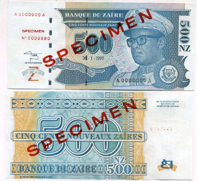 Заир 500 новых заиров 1995 Мобуту Сесе Секо в военной форме Образец, Specimen Pick 65 s бумага UNC (пресс) 448-37-1