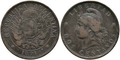 Аргентина 2 сентаво 1891 голова свободы влево KM 8 бронза 4531-1012