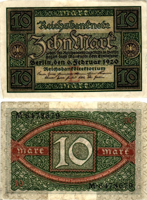 Германия 10 марок 1920 Pick 67a бумага UNC (пресс) 7375-42-2-1