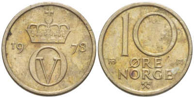 Норвегия 10 эре 1978 Улаф V (1957-1991) KM 416 медно-никель 211-1214