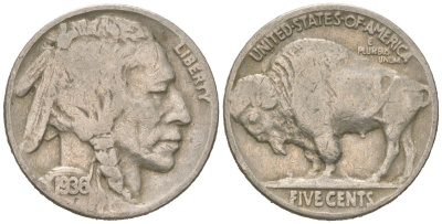 США 5 центов 1936 индеец, бизон KM 134 медно-никель 4614-1239