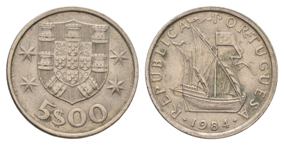 Португалия 5 эскудо 1984 парусник KM 591 медно-никель 3336-722