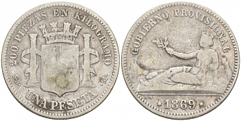 Испания 1 песета 1869 SN-M KM 652 (Y-A55) серебро 3853-121