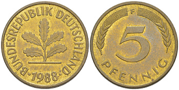 ФРГ 5 ПФЕННИГОВ 1988 F KM 107, J. 382 сталь плакированная латунью 4181-1028