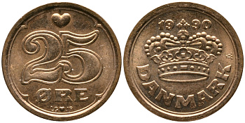 ДАНИЯ 25 ЭРЕ 1990 LG; JP; A, МАРГАРЕТ II (1972-) KM 868.1 бронза UNC 100-737