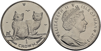 Остров Мэн 1 крона 2003 два балийских котенка КМ 1165 медно-никель UNC M92-14