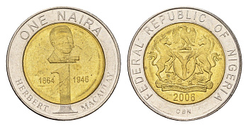 Нигерия 1 найра 2006 год-тип KM 18 биметалл UNC 4585-1044