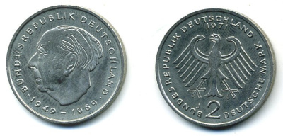 ФРГ 2 марки 1971 J, Теодор Хойс KM 127, J. 407 медно-никель плакированный никелем  41-851