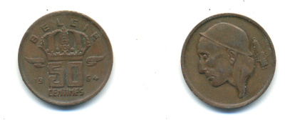 БЕЛЬГИЯ 50 САНТИМОВ 1964 BELGIE KM 149.1 бронза 83-345