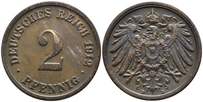 Германия 2 пфеннига 1912 D KM 16, J. 11, Weege 4 медь 4546-721