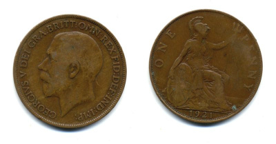 Великобритания 1 пенни 1921 Георг V (1910-1936) KM 810, Spink 4051 бронза 47-612