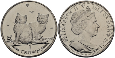 Остров Мэн 1 крона 2003 два балийских котенка КМ 1165 медно-никель UNC M80-21