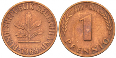 ФРГ 1 ПФЕННИГ 1968 F KM 105, J.380 сталь плакированная медью 4396-1518