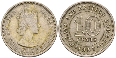 Малайя и Британское Борнео 10 центов 1957 H, Елизавета II (1952-2022) KM 2 медно-никель 4605-655