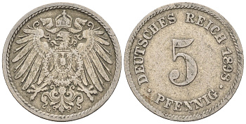 Германия 5 пфеннигов 1898 J KM 11, Jager 12, Weege 6 медно-никель 4147-224
