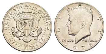 США 1/2 доллара (50 центов) 1972 Джон Кеннеди KM 202b медь плакированная медно-никелем aUNC 4140-635
