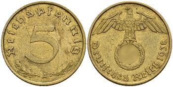 Германия 5 рейхспфеннигов 1938 A KM 91, J. 363 алюминиевая бронза 4151-819