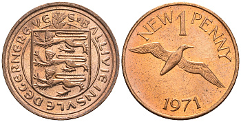 Гернси 1 пенc 1971 Елизавета II (1952-2022), северная олуша в полете KM 21 бронза  UNC  220-1221