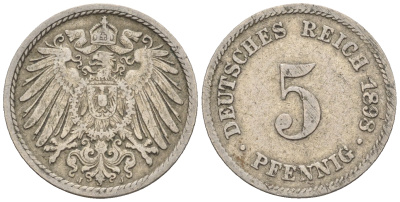 Германия 5 пфеннигов 1898 J KM 11, Jager 12, Weege 6 медно-никель 4147-224