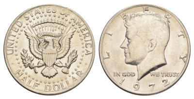 США 1/2 доллара (50 центов) 1972 Джон Кеннеди KM 202b медь плакированная медно-никелем aUNC 4140-635