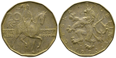 Чехия 20 крон 1993 чешский лев, герцог Вацлав на коне KM 5 сталь плакированная латунью 4364-4447