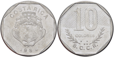 Коста-Рика 10 колонов 1985 B.C.C.R. KM 215.2 нержавеющая сталь 82-122