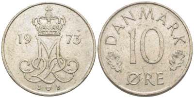 ДАНИЯ 10 ЭРЕ 1973 S; B, МАРГРЕТЕ II (1972-) KM 860.1 медно-никель 116-235