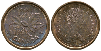 Канада 1 цент 1986 Елизавета II (1952-2022), кленовый лист KM 132 бронза 46-2625