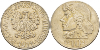 ПОЛЬША 10 ЗЛОТЫХ 1971 MW, ТАДЕУШ КОСТЮШКО KM 50a медно-никель 4403-621