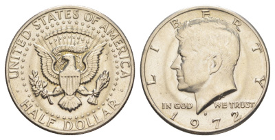 США 1/2 доллара (50 центов) 1972 D, Джон Кеннеди KM 202b медь плакированная медно-никелем aUNC 189-924