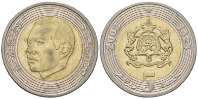 Марокко 5 дирхамов 2002 AH 1423, Мохаммед VI (1999-) KM 109 биметалл aUNC 110-632