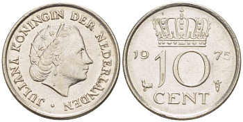 НИДЕРЛАНДЫ 10 ЦЕНТОВ 1975 ЮЛИАНА (1948-1980) KM 182 никель 116-1117