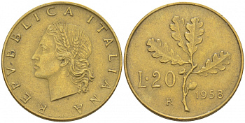 ИТАЛИЯ 20 ЛИР 1958 R ДУБОВАЯ ВЕТВЬ KM 97.1 алюминиевая бронза 3718-255