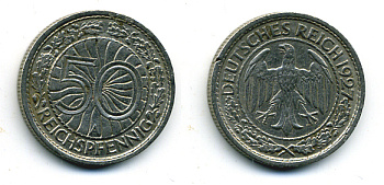 Германия 50 рейхспфеннигов 1927 A KM 49, J. 324 никель 58-141