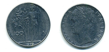 ИТАЛИЯ 100 ЛИР 1979 R, АФИНА KM 96.1 нержавеющая сталь 25-936