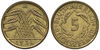 Германия 5 рейхспфеннигов 1936 A KM 39, J. 316 алюминиевая бронза 4124-267