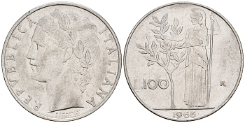 Италия 100 лир 1966 R, богиня Афина KM 96.1 нержавеющая сталь 259-147