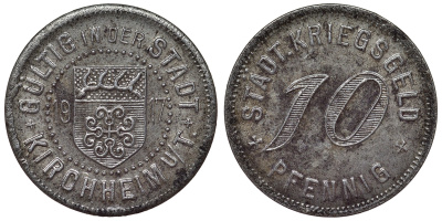 Германия, Кирххайм-унтер-Тек 10 пфеннигов 1917 Баден-Вюртемберг, нотгельд Funck 244.4 железо 4119-946